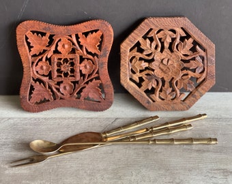 Vintage Carved Trivets -Hand-made Carved Wood- Made in India- set of 2