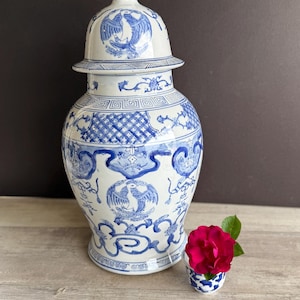 Vintage Ginger Jar- Asian Blue and White Chinoiserie - 20 Inches - Extra Large - Dragon Phoenix