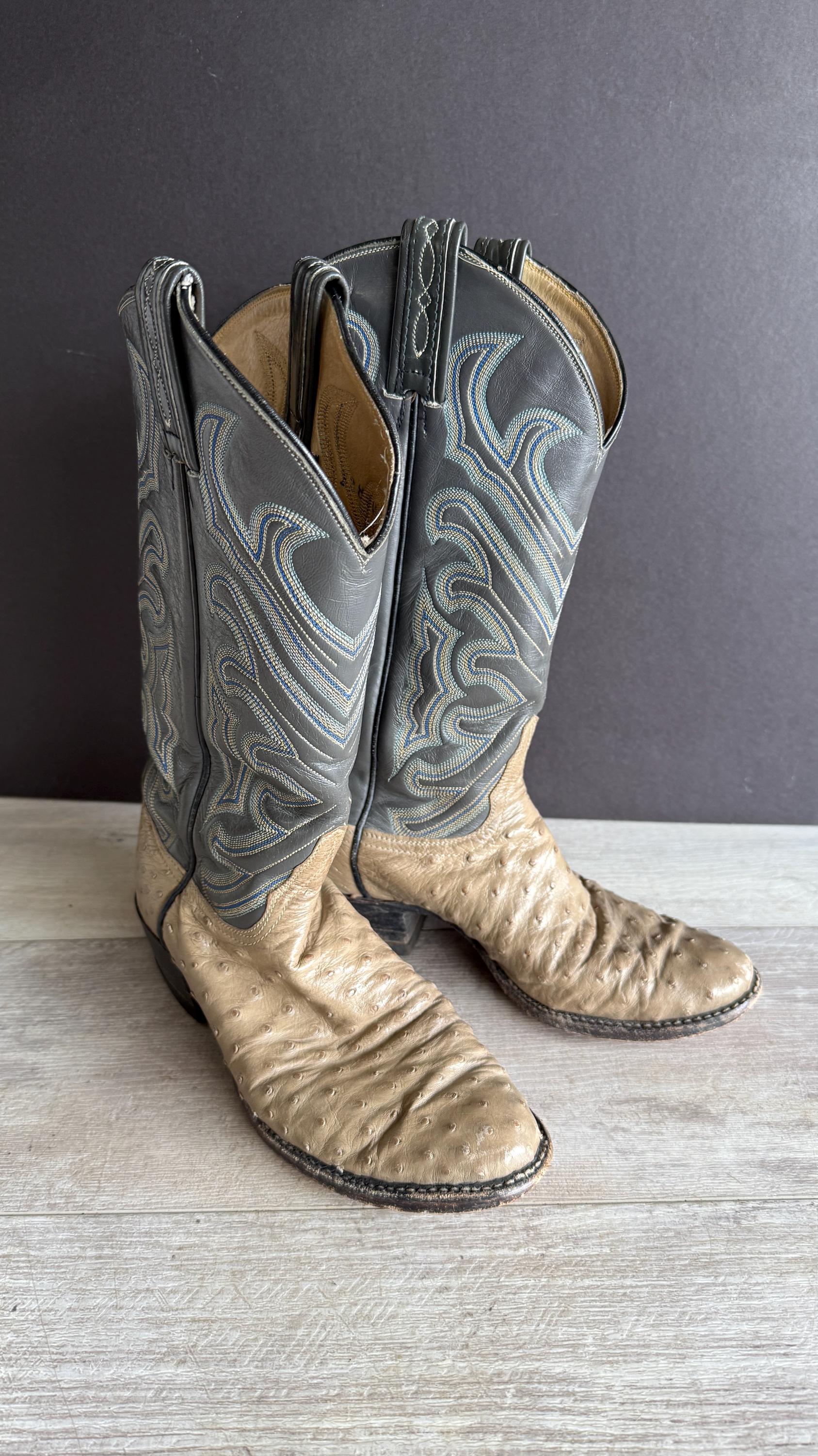 靴 vintage tony lama gray long boots Tony Lama Cowboy Boots Mens 7 1/2D Antelope Gray & Navy 8056
