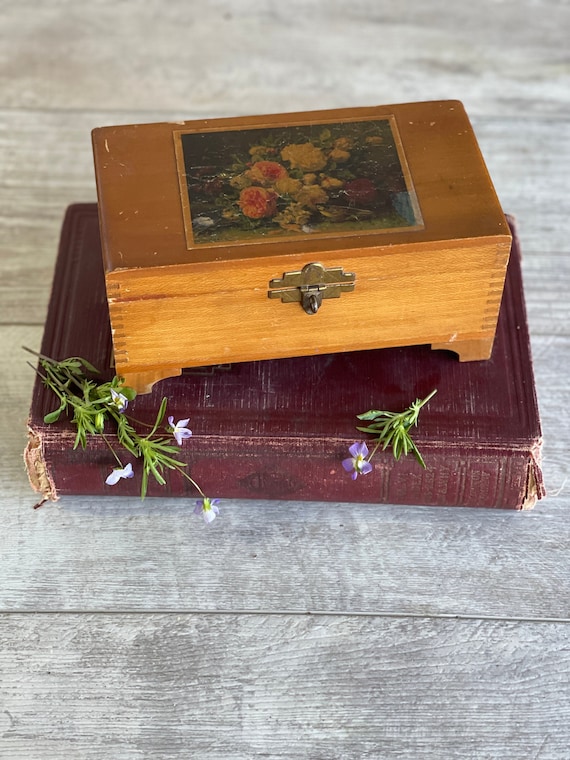 Vintage Wooden Chest Jewelry Box - Old Floral Sce… - image 1