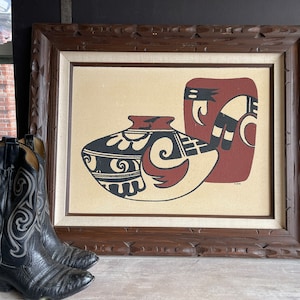 Vintage Pueblo Sand Art Painting: Framed Acoma Pottery, Signed R. Deno