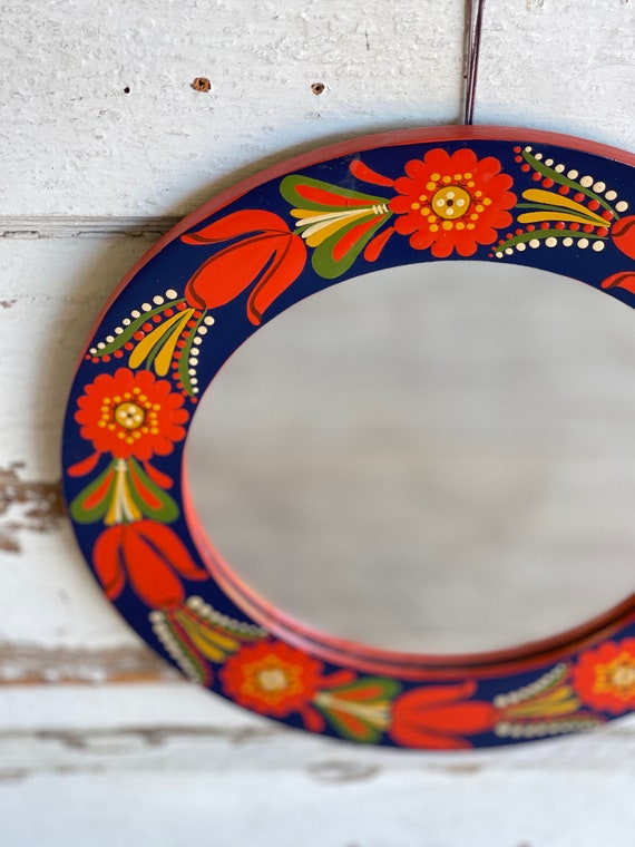 Vintage Folk Art Mirror - Round Hungarian Floral Painted - Etsy