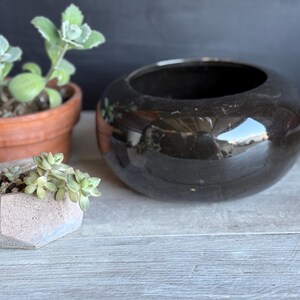 Vintage Vohann Pottery Planter - Gloss Black Mid Century Console - Drainage