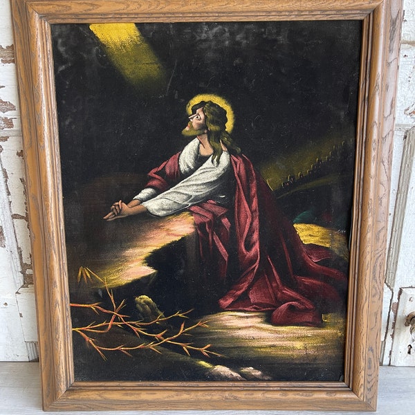 Vintage Velvet Painting - Jesus in the Garden - Red robe - Framed Garden of Gethsemene