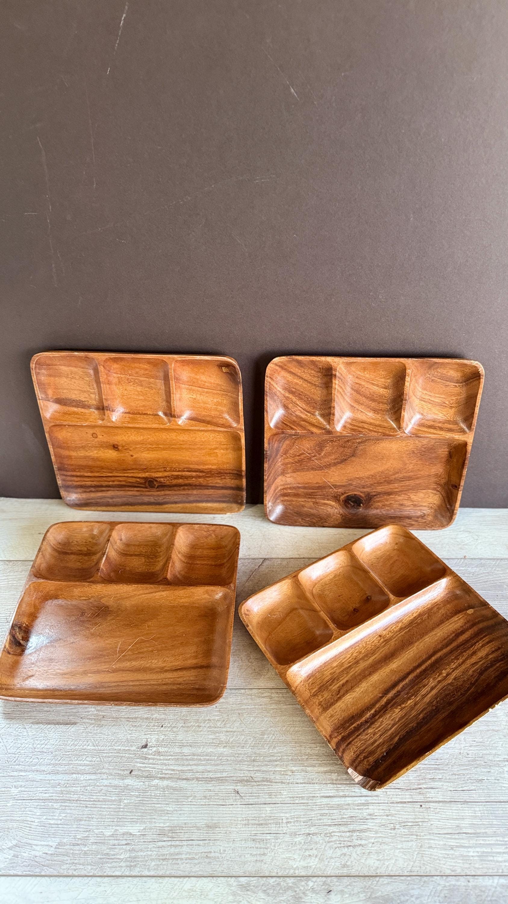 Vintage Acacia Wood Fondu Trays - Divided Snack Plates - Set 4