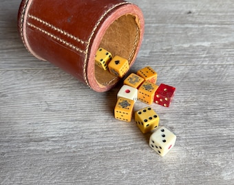 Antique Poker Dice and Leather Cup - Bakelite Lot of 10 Red Dot