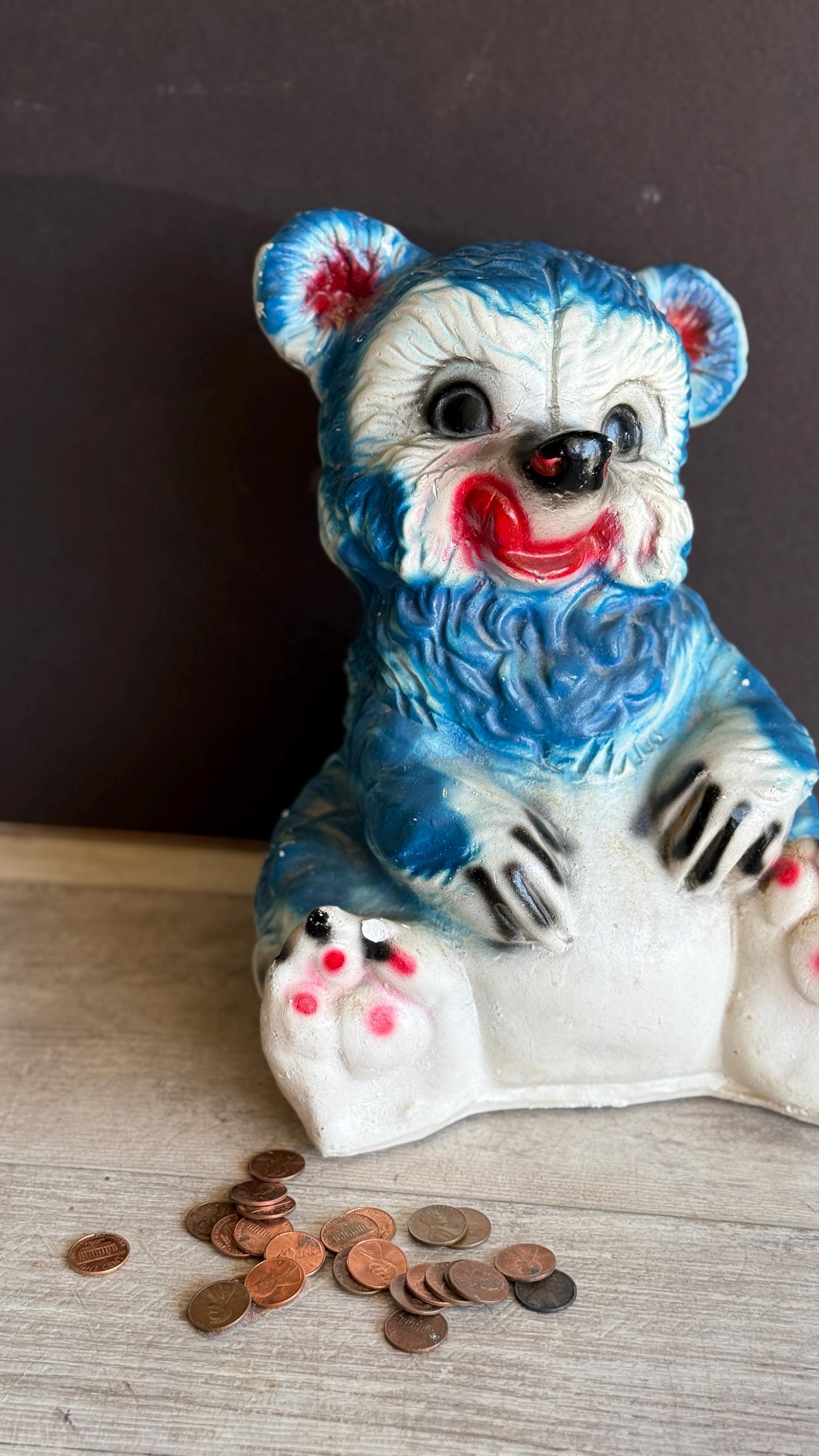 Vintage Carnival Prize Coin Bank Chalkware Bear -blue Honey Bear