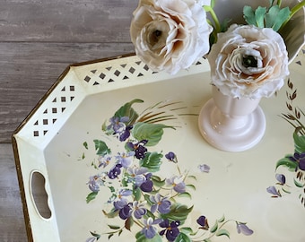 Handpainted Tole Painted Tray -Ivory and Violets - As Is - octagon Toleware Serving Tray