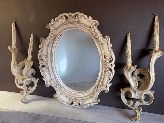 Vintage Mirror + Sconces Chalkware 
