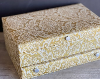 Vintage Jewelry Box Lady Buxton - Gold Damask Tapestry - 1 Drawer - Hollywood Regency Decor