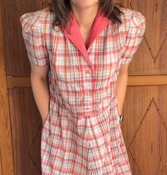 Vintage Handmade Plaid Dress - 1970s Housedress -… - image 1