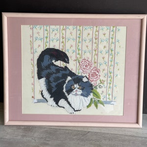Vintage Crewel Embroidery Framed Fluffy Cat - Embrace Your Inner Cat Lady
