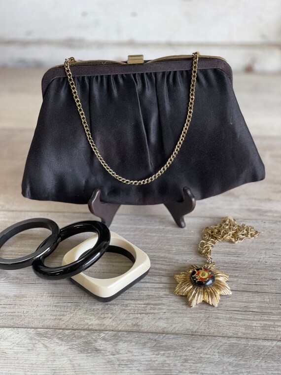 Vintage Bakelite Bracelets, Satin Clutch and Meda… - image 1