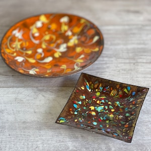 Vintage Copper Enamel Dishes - Plate- Large and Small  Round and Square Signed 1970s