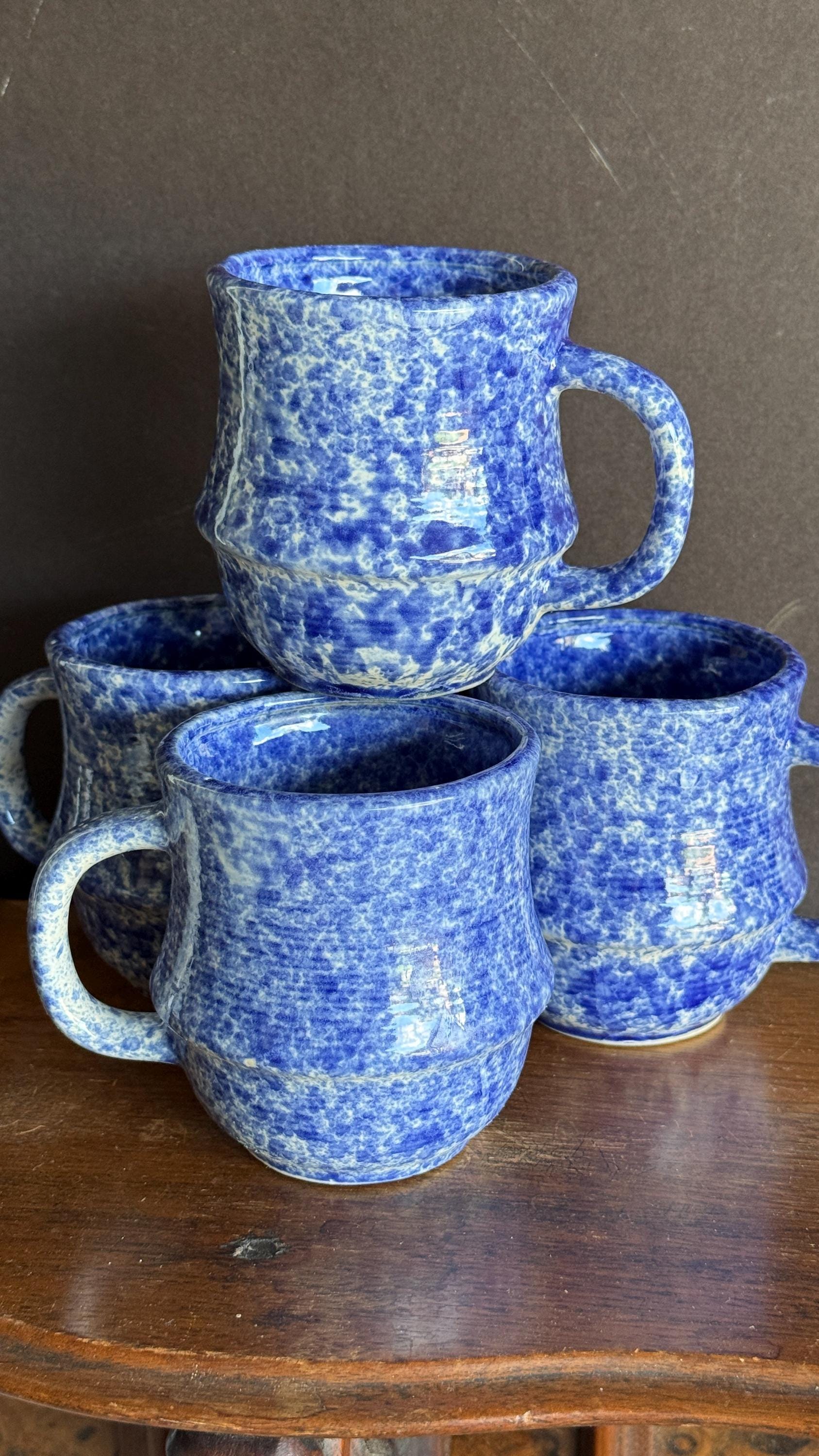 Antique Blue Spatterware Pottery Mugs - Set of 4 - Etsy