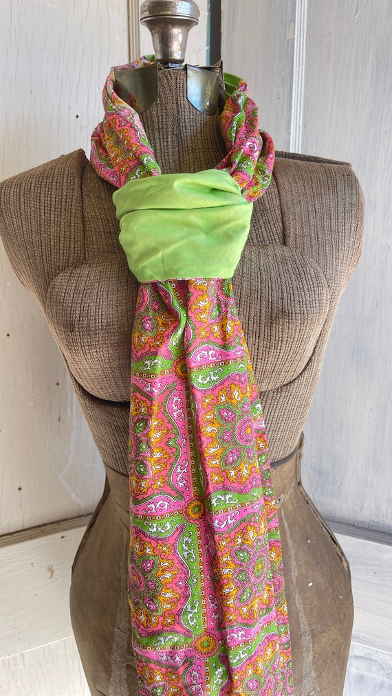 Vintage Sash Obi Belt Scarf Green and Pink Long C… - image 9