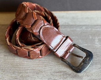 小物 Vintage 90s Braids Design Leather Belt 90s Braided Black Leather Belt: Boho Woven Trouser Belt, Fits up