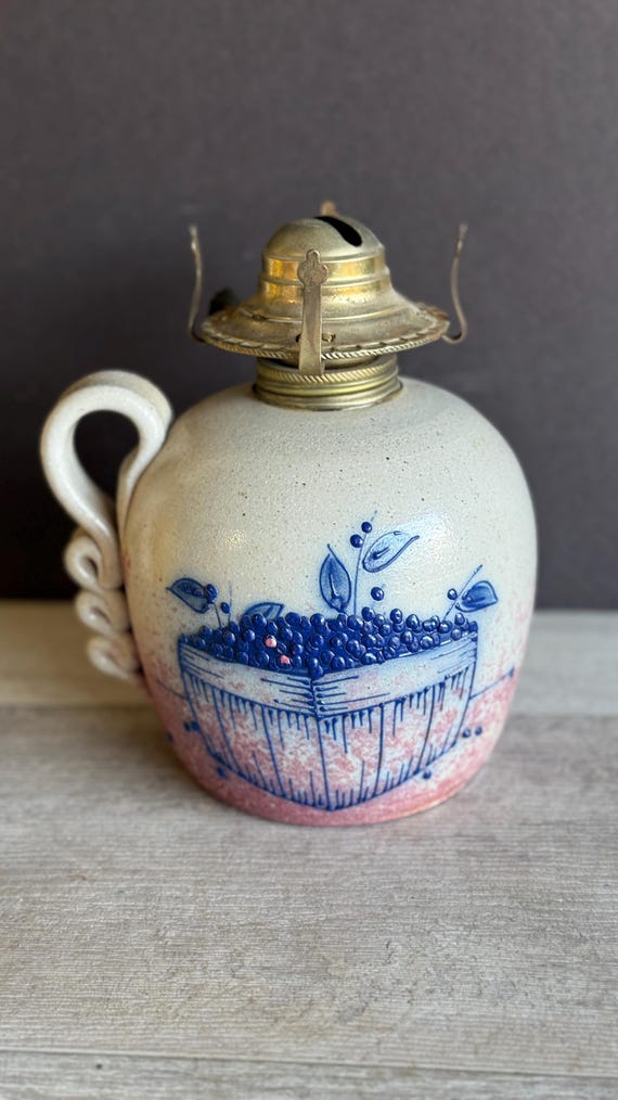 Vintage Salmon Falls Stoneware Oil Lamp - Blueberry Salt Glaze