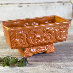 May include: A terracotta planter with a raised base and intricate floral designs. The planter is made of ceramic and has a glazed finish.