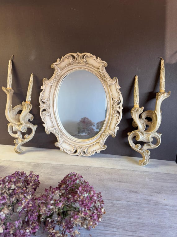 Vintage Mirror + Sconces Chalkware 