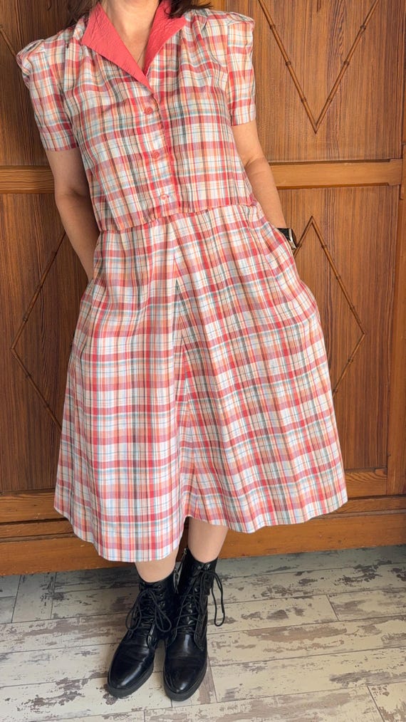 Vintage Handmade Plaid Dress - 1970s Housedress -… - image 2
