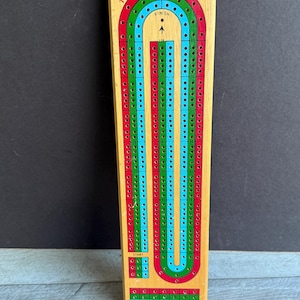 May include: Wooden cribbage board with red, green, and blue tracks. The board has the text "THE U.S. PLAYING CARD CO." and a start and finish point. The board is rectangular and has numerous holes for pegs.