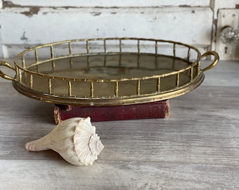 Vintage Brass Faux Bamboo Serving Tea Tray Or Asian Oval Vanity Dresser