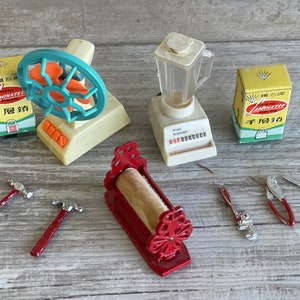 Vintage Miniature Dollhouse Lot: Metal Tools, Paper Dispenser, Blender, Fan, Tiny Boxes