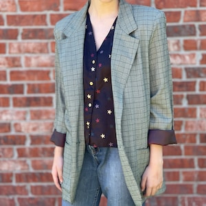 Vintage Oversize Blazer - 100% Cotton Summer 1990s  - Womens Medium Green Plaid