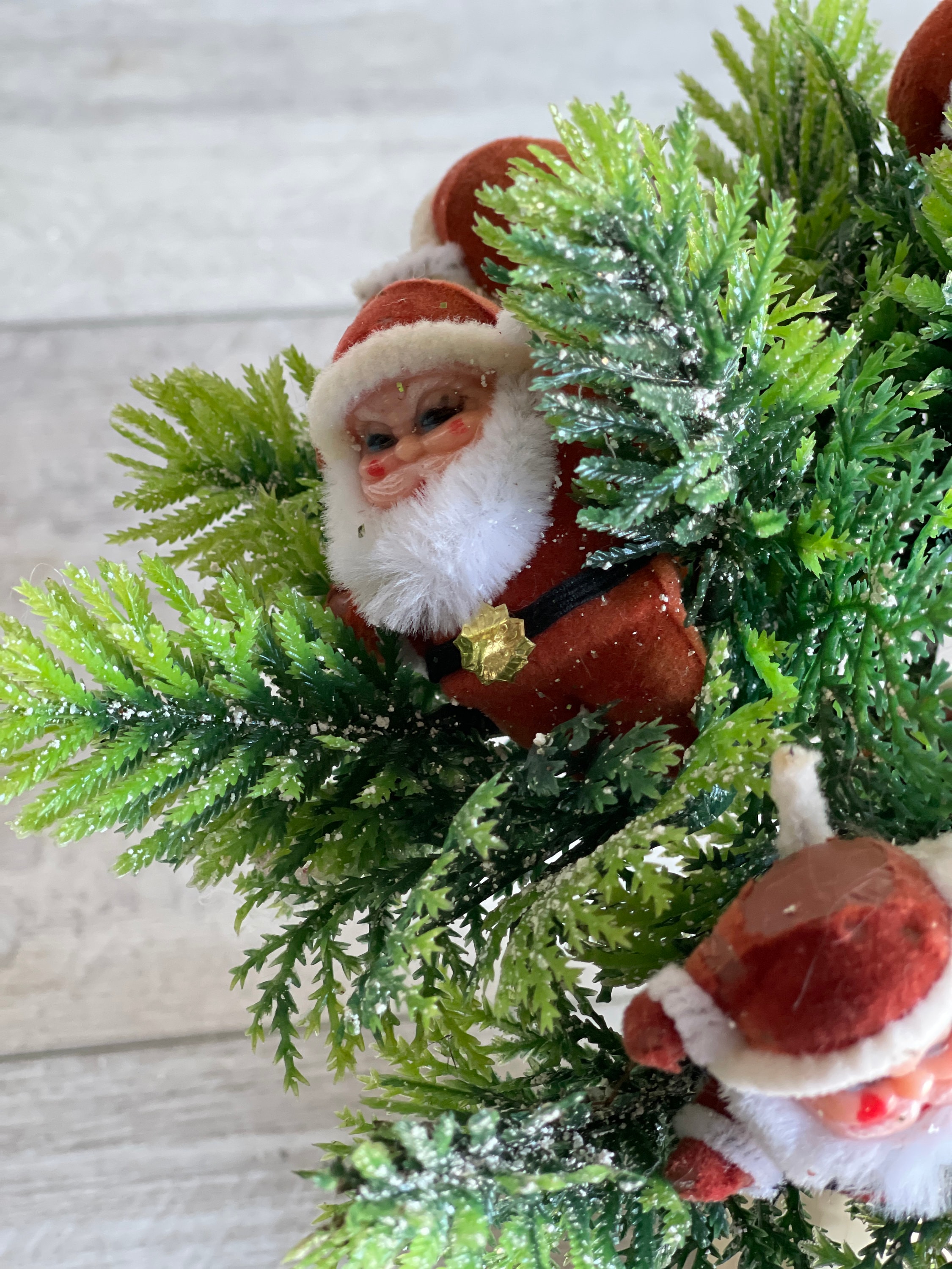 Vintage Flocked Santa Ornaments - Japan - Plastic Pine Floral