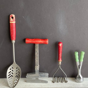 Vintage Kitchen Utensils - Old Wooden Handle Red -Spoon Chopper Masher - Choice