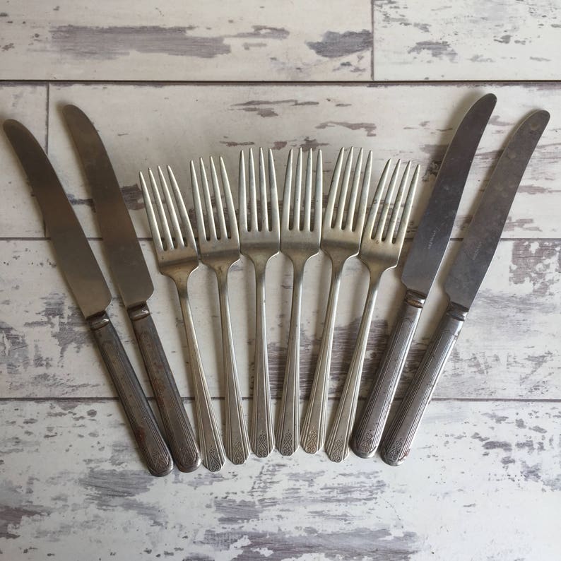 1920s Drexel Moderne Vintage Silverplate Antique Flatware 6 Forks 4 Knives c
