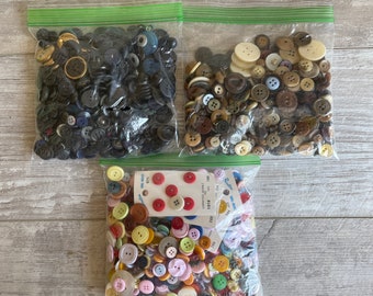 Vintage Buttons  - Destash- White, Brown, Blue and Black, Multi color - Crafters Lot -Vintage and New