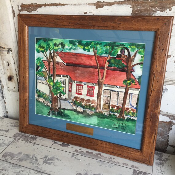 Vintage Watercolor Painting Cabin Naive Framed Art Grand Etsy