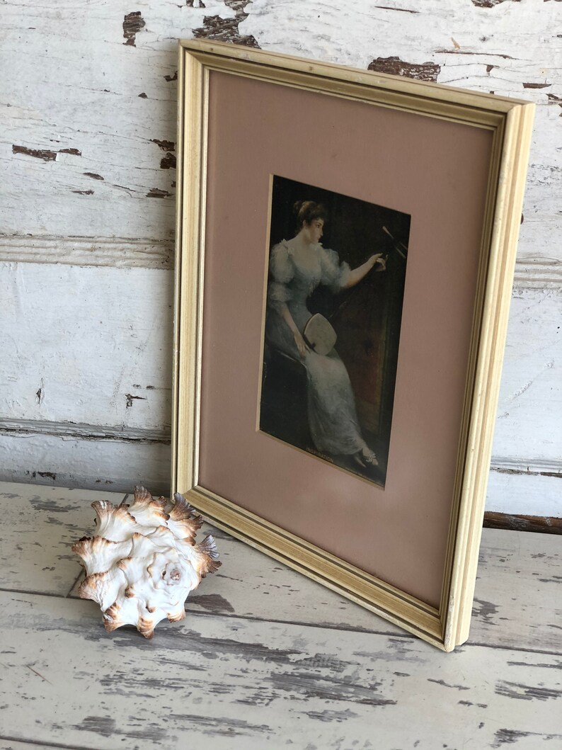 Framed Pink Matte Antique Framed Art Postcard 1906 Woman Playing