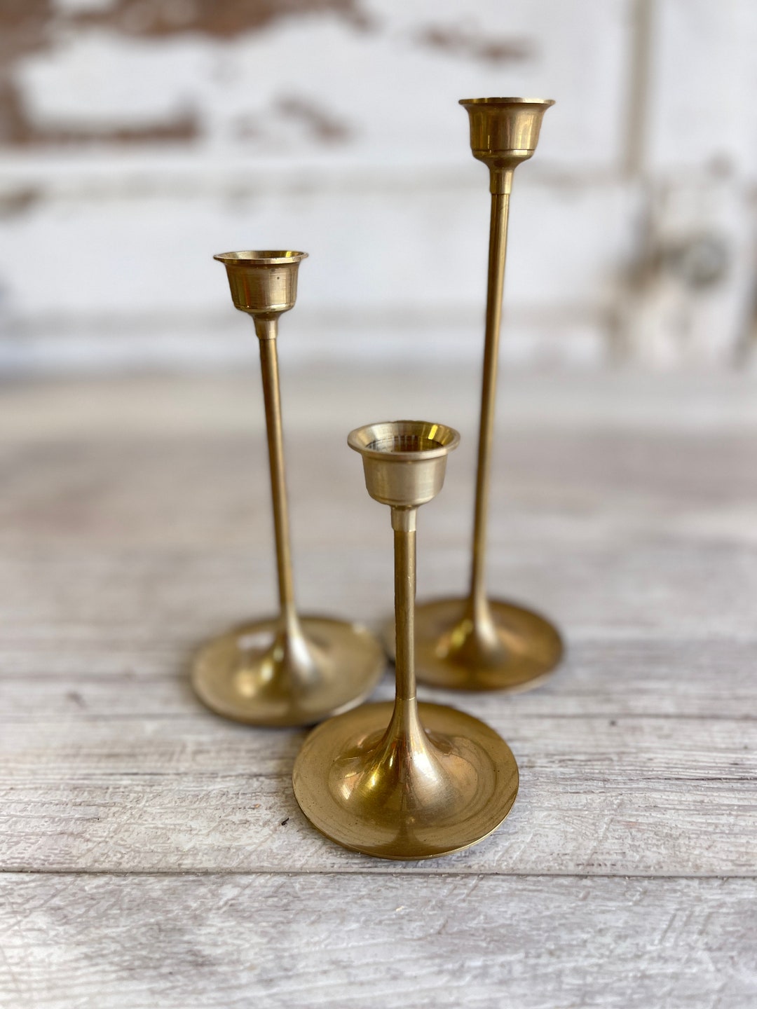 Vintage Brass Tulip Candlesticks Collected Cluster of 3 Mid Etsy