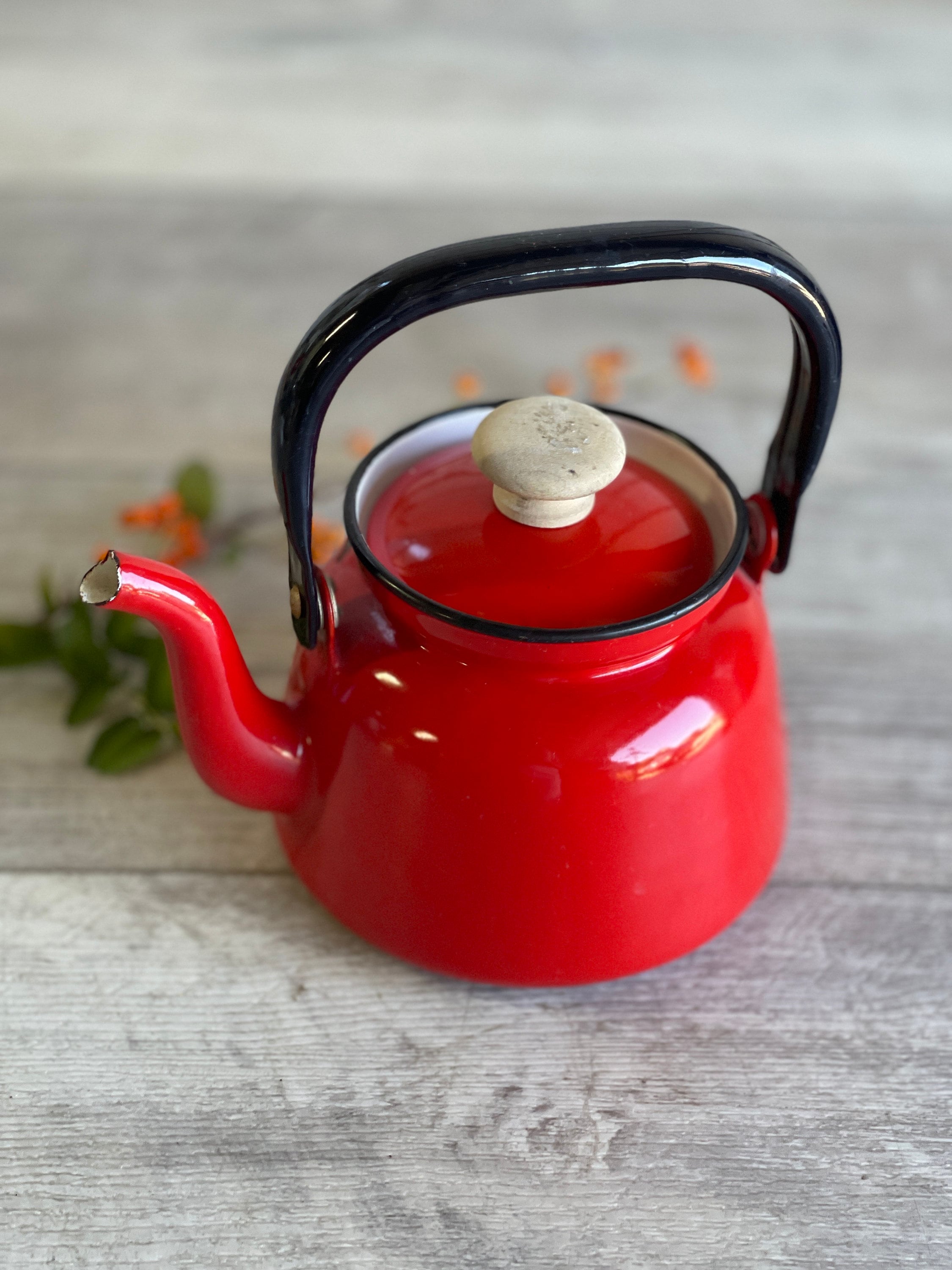 Vintage Teapot Enamelware Graniteware Red Kettle made in Poland AS