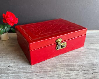 Vintage Red Leather Jewelry Box 24 k Gold Trim - Red Velvet Lining