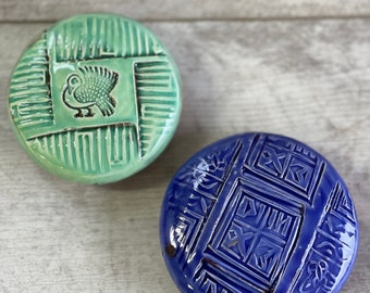 Vintage Paperweight - PJK Pottery Blue/Green Choice Pressed Red Clay Native American Motifs