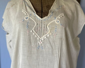 Antique Nightdress 1920s Embroidered Cotton - As Is - Large -