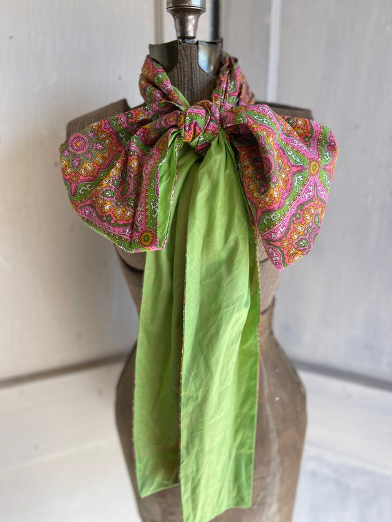 Vintage Sash Obi Belt Scarf Green and Pink Long C… - image 10