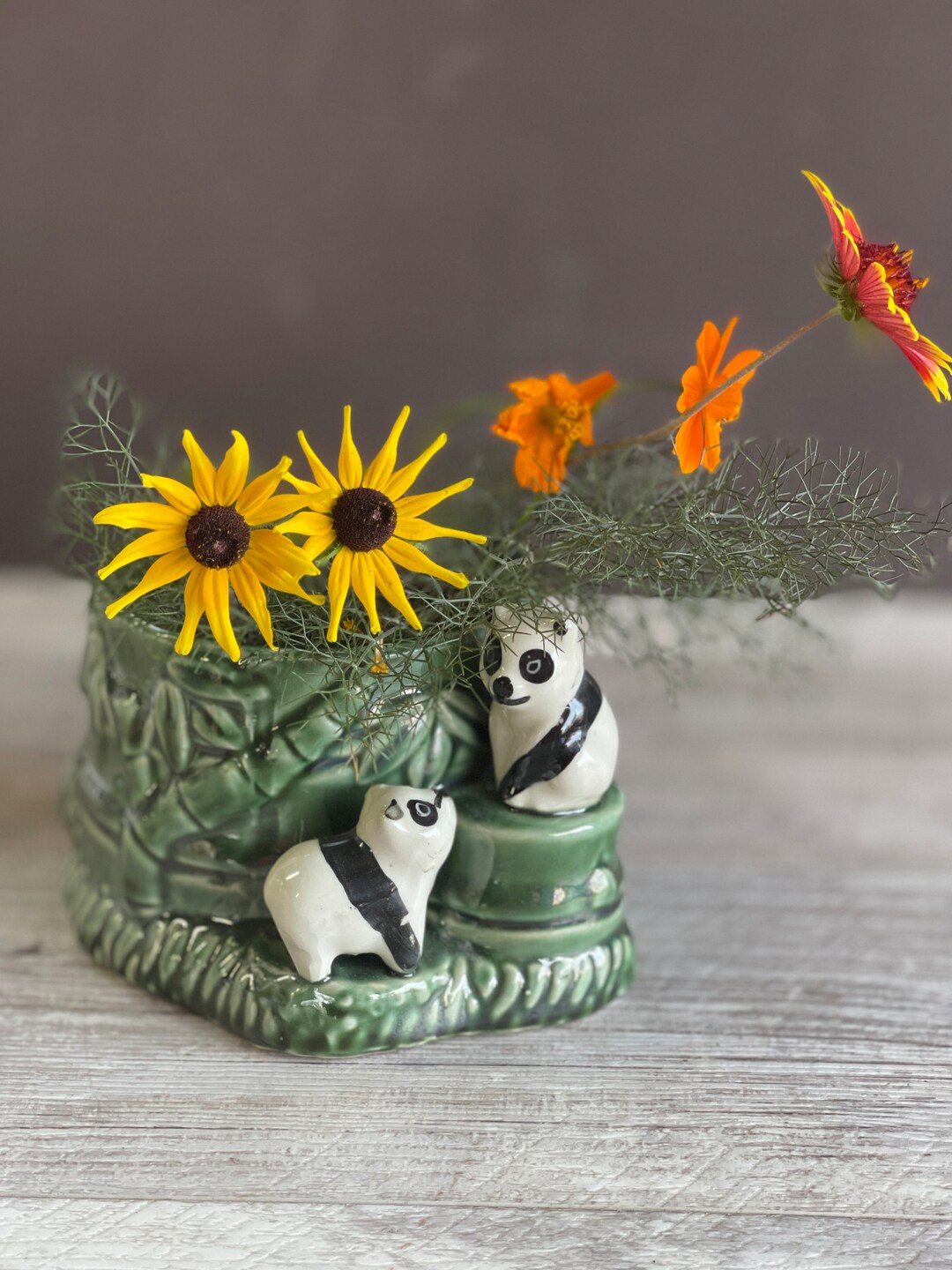 Vintage Panda Pottery Mid Century Figural Planter - Green Bamboo - Etsy