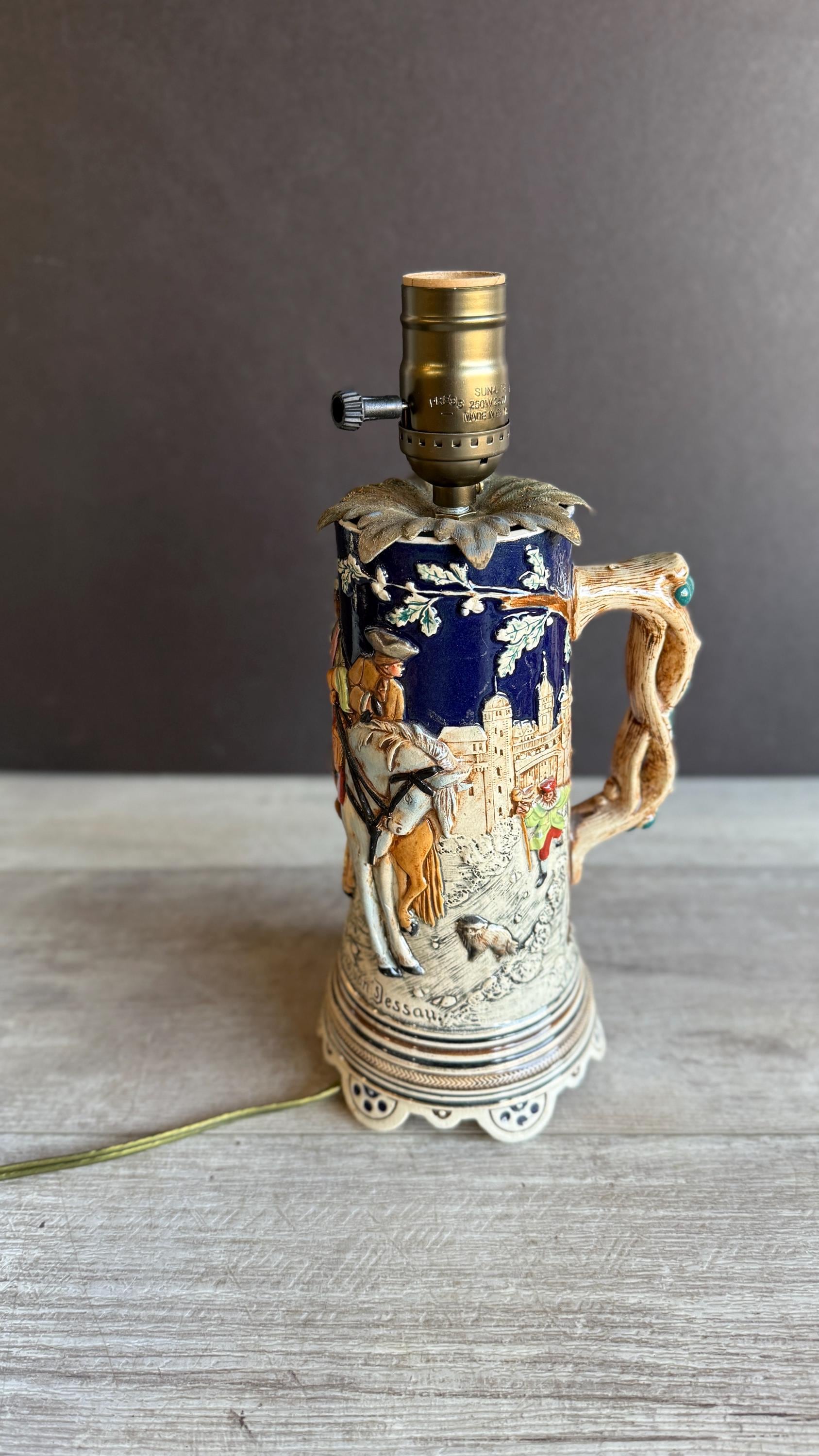Vintage German Beer Stein Lamp - Half Lite Lamp Base - Figural Handle -Leopld von Dessau