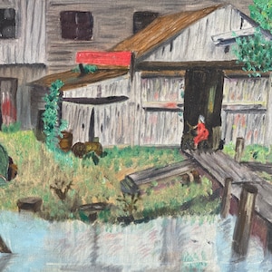 Vintage Painting Folk Art Arkansas Boat Factory Industry 1950s Rustic Barrels - Framed Plein Air