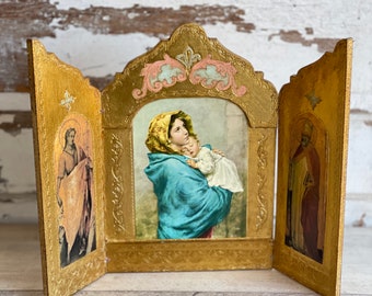 Vintage Venetian Triptych Madonna and Child - Large Tri Fold Italian Shrine