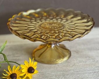 Vintage Fairfield Amber Glass Cake Pedestal - Honey Yellow