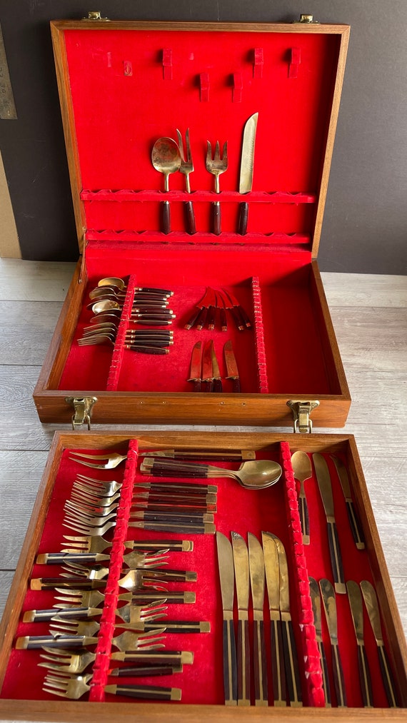Vintage Brass Flatware Set: Thailand Rosewood Handles, 58 Pieces