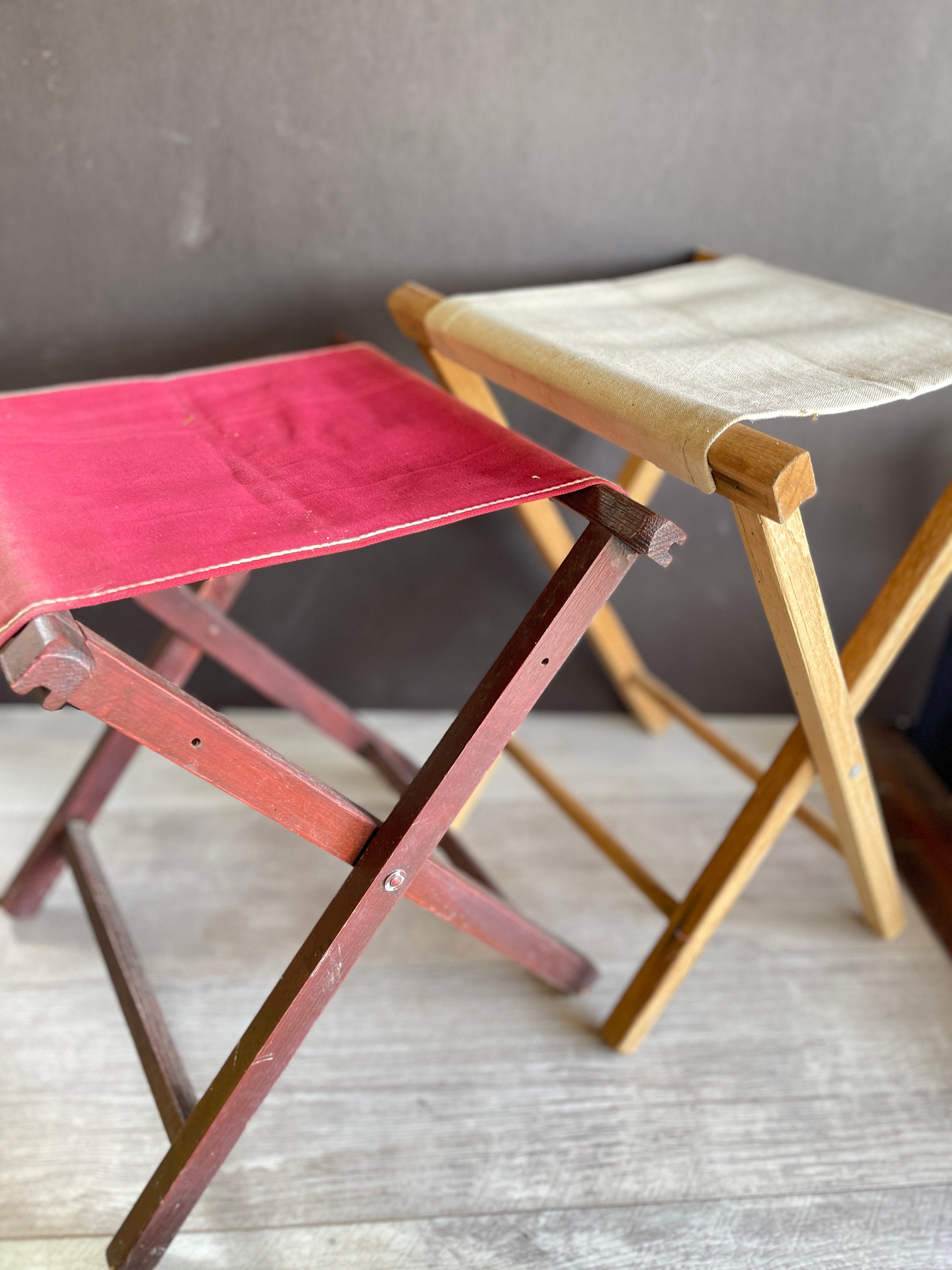 Vintage Folding Camp Footstool - Red Cavas and Wood