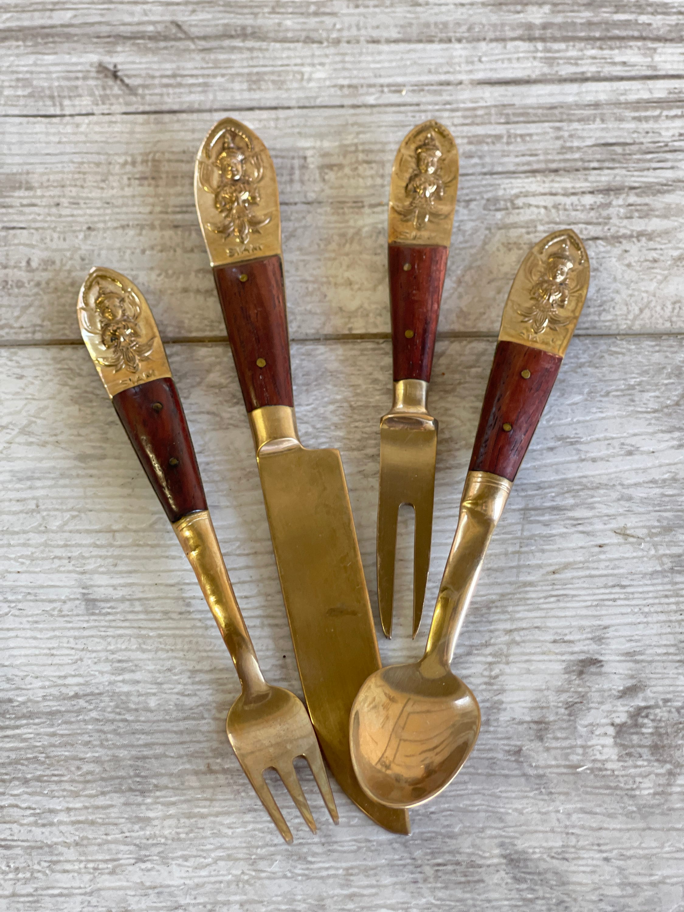 Vintage Siam Brass Flatware Set Rosewood Mid Century Buddha Etsy