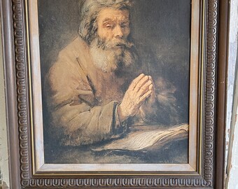 Vintage Rembrandt Elderly Man Praying Very Large - lithograph in Mid Century Frame - Mediterranean Style